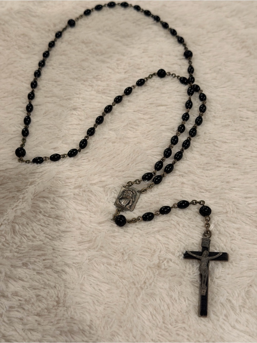 Vintage Black Ebony Bead Rosary Necklace with Crucifix